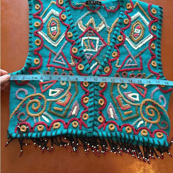 Vintage Knit Vest L Rafia Teal Geometric Beaded Fringe Boho 80s 90s Rare - Picture 3 of 7